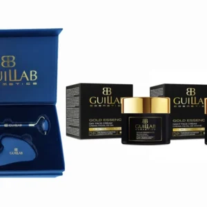 SET GUILLAB - COSMETICS GOLD ESSENCE CREME DE NOITE 50 ML (REGULAR) + GUILLAB COSMETICS GOLD ESSENCE CREME DE DIA 50 ML (REGULAR) + ESTOJO COM ROLO DE JADE E PEDRA GUA SHA